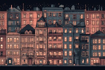 city skyline with illuminated buildings at night. Generative AI