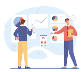 Fototapeta na wymiar People work with graphs concept. Analysts evaluate charts and infographics, dashboard. Visualization of data and statistics. Employees conduct market research. Cartoon flat vector illustration