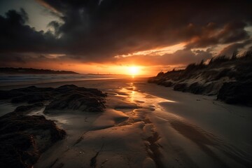 sunset between the dunes and the sea created with Generative AI technology