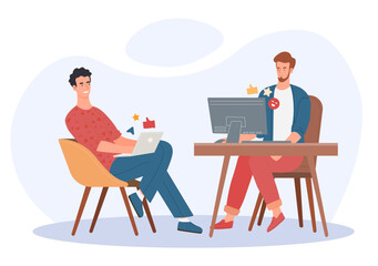 Happy business team at workplace concept. Men work together on common project. Employees and colleagues. Collaboration and cooperation, partnership. Cartoon flat vector illustration