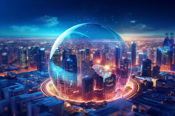 Artificial intelligence looking at smart city, AI control city infrastructure, data traffic, ensure safety. World communication concept, generative ai