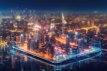 Fototapeta premium Artificial intelligence looking at smart city, AI control city infrastructure, data traffic, ensure safety. World communication concept, generative ai