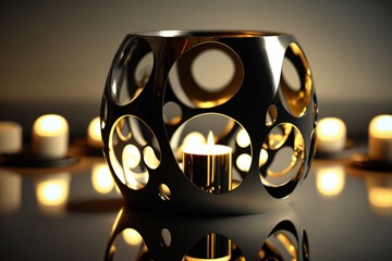 golden burning candle in a modern black candle holder created with Generative AI technology