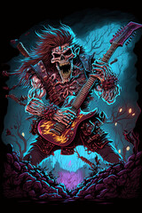 Heavy metal Monster guitar player. Demon guitarist playing in hell. Ai generative