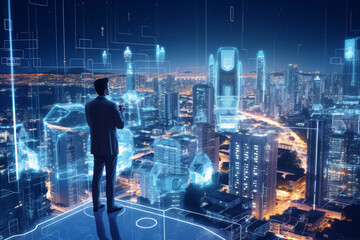 Artificial intelligence looking at smart city, AI control city infrastructure, data traffic, ensure safety. World communication concept, generative ai