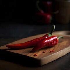 fiery red chili peppers on a cutting board created with Generative AI technology