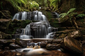 small waterfalls on mossy stones surrounded by ferns created with Generative AI technology