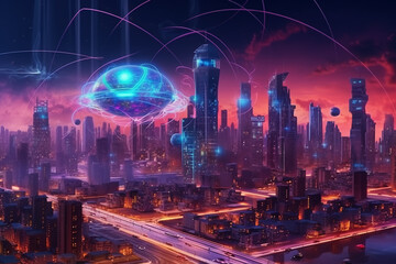 Fototapeta premium Artificial intelligence looking at smart city, AI control city infrastructure, data traffic, ensure safety. World communication concept, generative ai