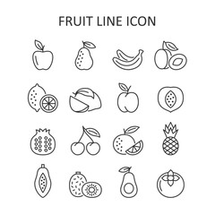 Fruit vector line icon set. Flat symbol of apple, pear, cherry,  banana, pineapple, lemon, orange, plum. Vector illustration.