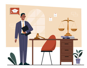 Lawyer in courthouse concept. Man in suit next to judges hammer. Legal support of company in court. Laws and jurisprudence. Protection of business interests. Cartoon flat vector illustration