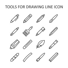 Tools for drawing, calligraphy, lettering, sketching flat line icon set. Paintbrush, pen, pencil, feather, marker, felt pen, charcoal, crayon, chalk, bamboo. Vector illustration.
