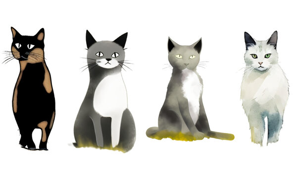 colletion of cute cats sitting in a meadow in watercolor design isolated against transparent