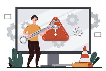 Computer troubleshooting vector concept. Man with wrench on background of computer screen with error. Technical support and correction of errors in program or application. Cartoon flat illustration