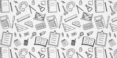 Fototapeta premium School Stationery Vector Hand Drawn Pattern