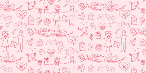 Fototapeta na wymiar Valentines Day Vector Hand Drawn Pattern