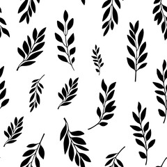 Naklejka premium Tropical leaves seamless black and white floral pattern. Hand drawn vector floral background. Sketchy laurel leaves . Abstract summer background. Vector illustration. Design for men s shirts, swimwear