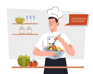 Chef cook salad from vegetables concept. Man standing in kitchen with glass plate and spoon. Natural and organic products. Healthy eating and vegetarian diet. Cartoon flat vector illustration
