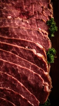 Delicious Corned Beef Meat Product Photorealistic Vertical Background. Savory Food, Gourmet Appetizer. Ai Generated Lifelike Background with Delicious Deli Corned Beef Meat Product. Generative AI
