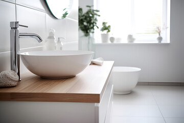 Obraz na płótnie Canvas white sink and metal faucet as design elements of a bright modern bathroom with big window. Generative AI