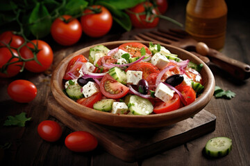 Obraz na płótnie Canvas Greek salad with feta cheese, tomatoes, cucumbers and red onion on a wooden table. Generative AI.
