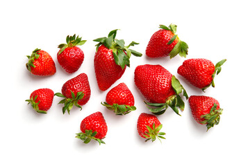 Ripe strawberries isolated on white background top view.