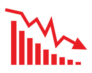 Obraz premium Red arrow going down stock icon on white background. Decrease, Bankruptcy, financial market crash icon for your web site design, logo, app, UI. graph chart downtrend symbol.chart going down sign.