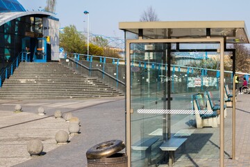 Bus stop next to a metro station in Prague Czech Republic on a sunny day
