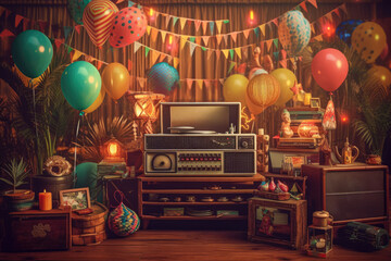 Various retro instruments and devices for a retro party. The concept of old parties, making fun in old times. Generative Ai, Ai.