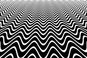 Wavy Lines Halftone Pattern in Diminishing Perspective View. Black and White Textured Background.