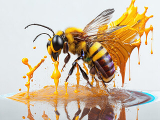 Naklejka premium A wasp or bee seen from the side against a background of honey or a thick orange substance. The concept of collecting honey and pollinating flowers by insects. Generative Ai, Ai.