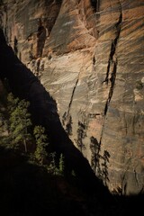 Vertical shot of the historic Zion National Park cliffs with the Angels Landing Trail
