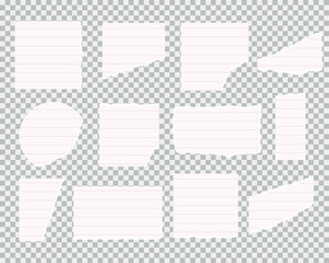 Ripped white lined, scetchbook, math note, notebook paper pieces vector illustrations set
