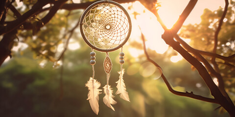 dreamcatcher outdoors on the nature background with green trees and sunset sunlight rays. Generative AI