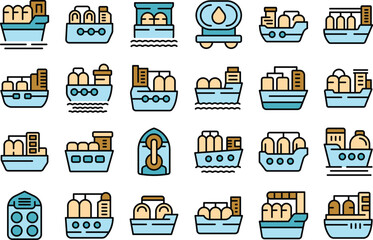 Gas carrier ship icons set outline vector. Gas energy. Pipe fuel thin line color flat on white