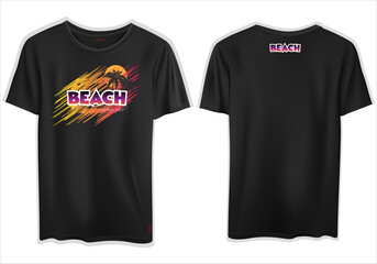 Vector of the front and back of a tropical beach-themed black t-shirt mockup with template text