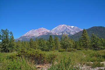 Fototapeta premium Beautiful view of the green valley with Mount Shasta in the background. California, USA.