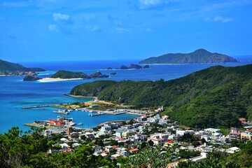 Aerial view of a bright blue sky over Aka Island, Okinawa, Japan