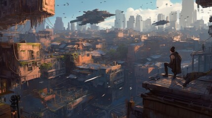 Rooftops of a sprawling cyberpunk city, showcasing characters leaping between buildings, navigating precarious structures, and evading surveillance drones