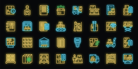 Storekeeper icons set outline vector. Worker wood. House inventory neon color on black