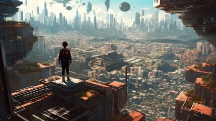 Rooftops of a sprawling cyberpunk city, showcasing characters leaping between buildings, navigating precarious structures, and evading surveillance drones