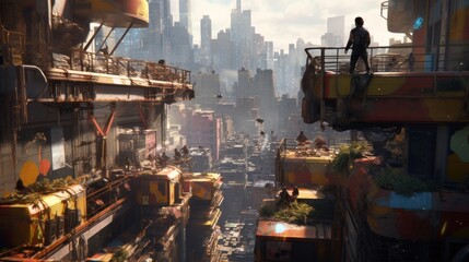 Rooftops of a sprawling cyberpunk city, showcasing characters leaping between buildings, navigating precarious structures, and evading surveillance drones