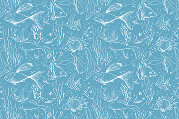 Seamless pattern with the underwater world with roses drawn in white pencil on a blue background.