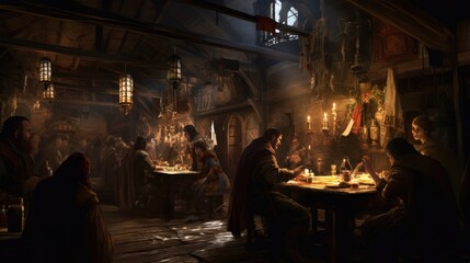Obraz na płótnie Canvas Secretive meeting taking place in a dimly lit corner of the tavern, with cloaked figures discussing clandestine affairs or plotting a quest