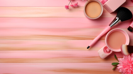 Naklejka premium makeup accessories on pink wooden table. Generative Ai. 