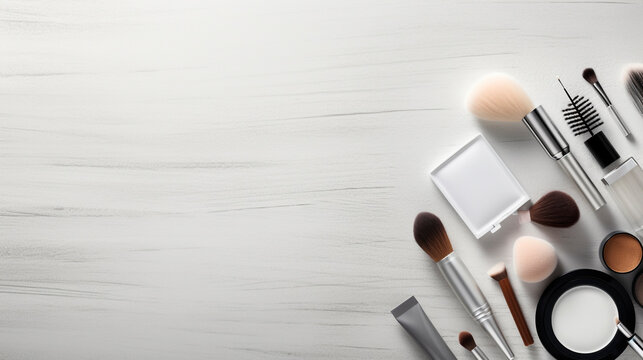 makeup set on white wooden background top view. Generative Ai. 