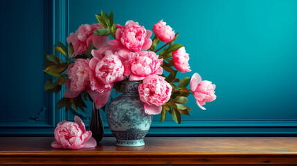 bouquet of peonies in a vase on a turquoise background for your design. Generative Ai. 