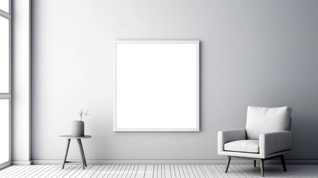 minimalist interior with armchair and blank frame on white wall. Generative Ai. 