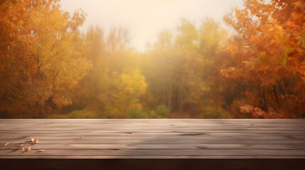 Naklejka na ściany i meble Empty wooden deck table with autumn background. Ready for product display montage