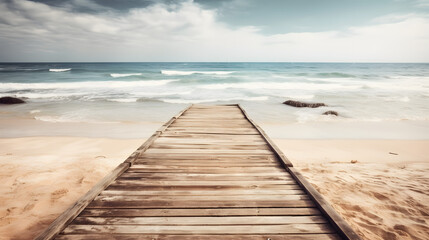 Fototapeta premium Empty wooden pier with view on sandy beach. Free space for text or product placement