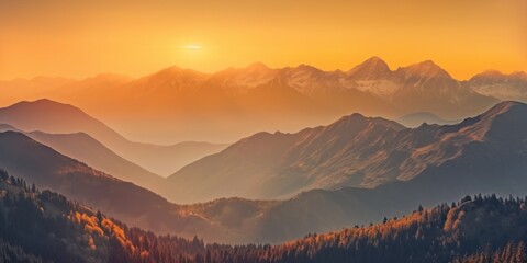 Fototapeta na wymiar The sun is setting over a mountain range. Generative AI image.